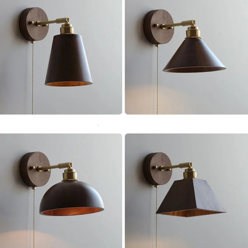 Walnut Wood LED Wall Sconce with Pull Chain Switch - Modern Nordic Copper Socket