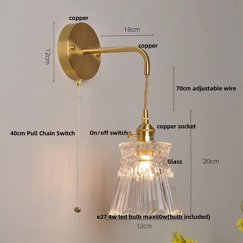 Clear Glass LED Wall Light with Pull Chain Switch for Modern Decor