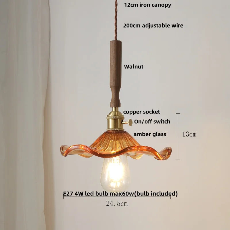Afralia™ Walnut LED Pendant Light | Nordic Modern Glass Hang Lamp with Brass Knob Switch