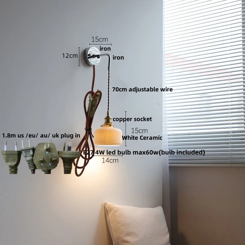 Ceramic LED Wall Sconce Pull Chain Switch Mirror Light Fixture