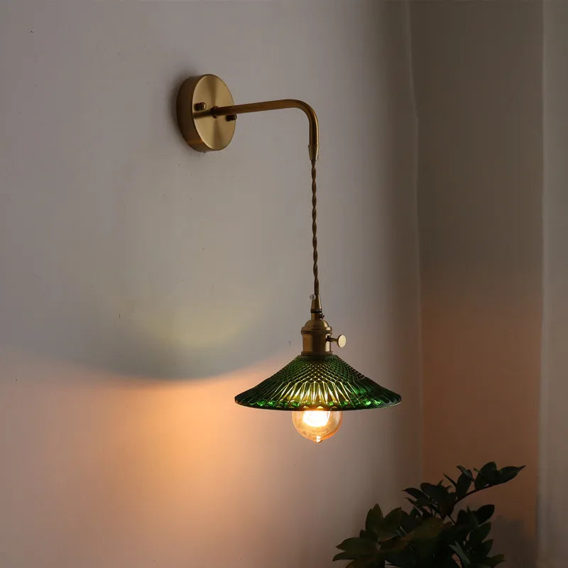 Copper Glass Pull Chain LED Wall Sconce for Indoor Living Room Stairway Lighting
