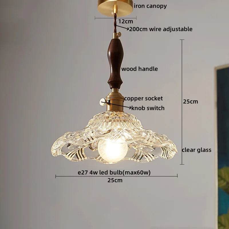 LED Pendant Light Fixture Wood Handle Clear Glass Modern Hanging Lamp