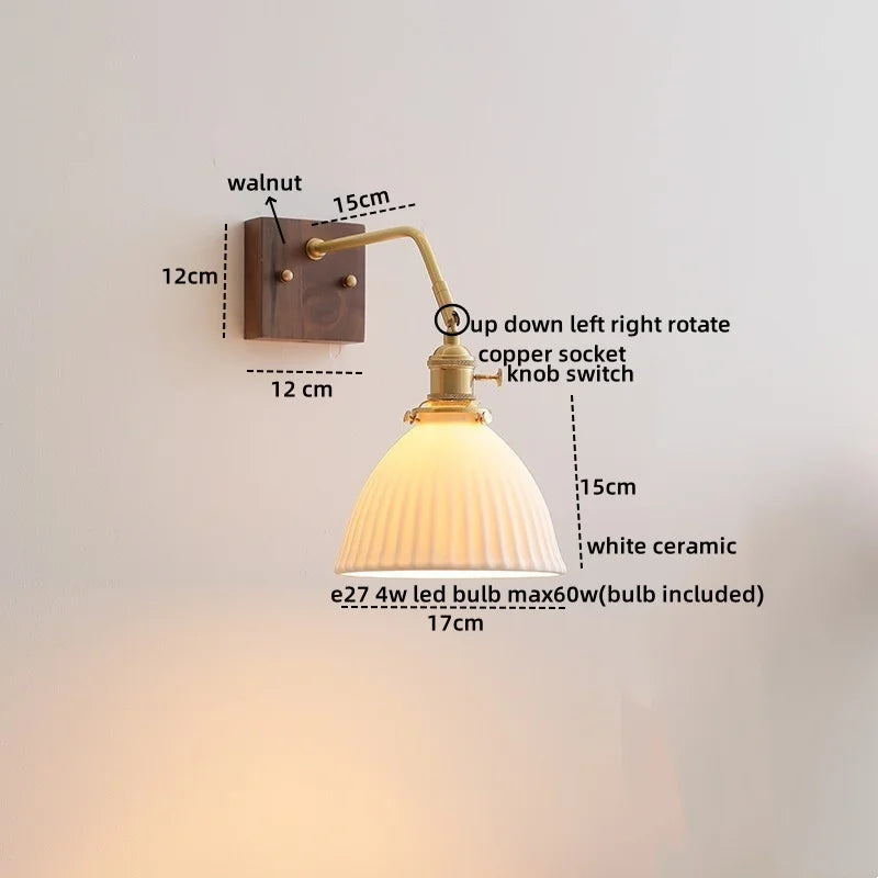 Walnut Copper LED Wall Lights Fixture with Pull Chain Switch - Modern Bedside Lamp