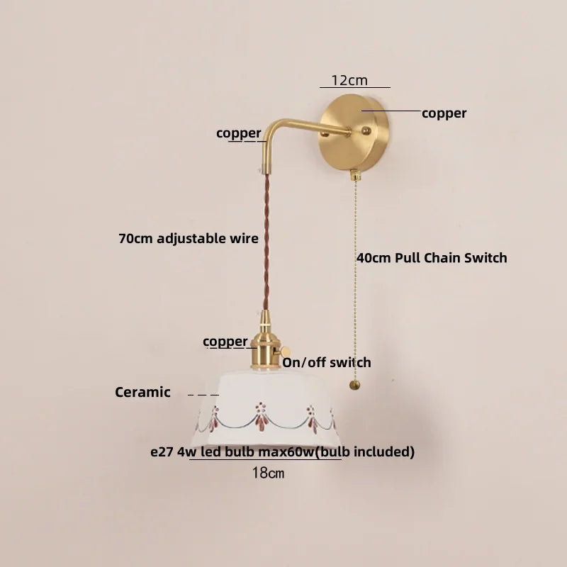 LED Ceramic Wall Lamp - Pull Chain Switch, Rotating Up Down Light