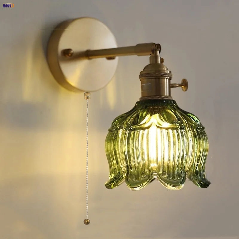 Afralia™ Copper Rotate LED Wall Light with Pull Chain Switch - Modern Glass Bedside Sconce