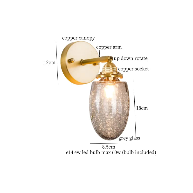 Afralia™ Grey Glass LED Wall Lamp Bedroom Living Room Loft Modern Copper Wandlamp