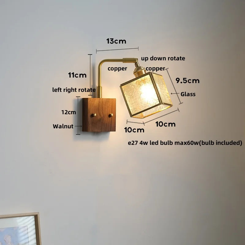 Wood Cube Glass LED Wall Lights with Pull Chain Switch for Modern Interiors