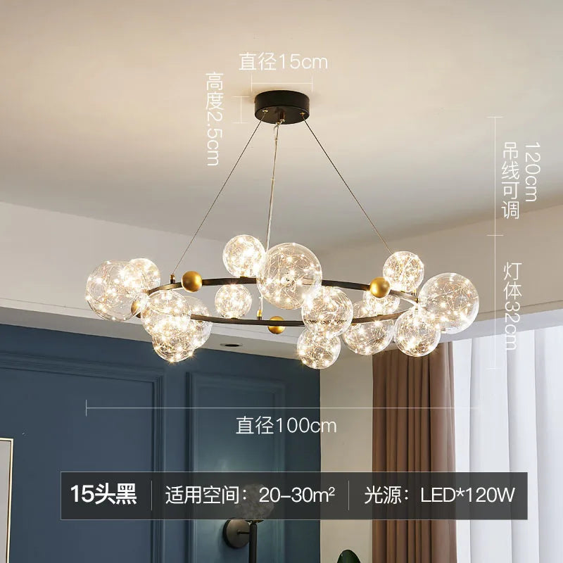 Golden Ring Glass Ball Chandelier with Remote Control for Living Dining Room