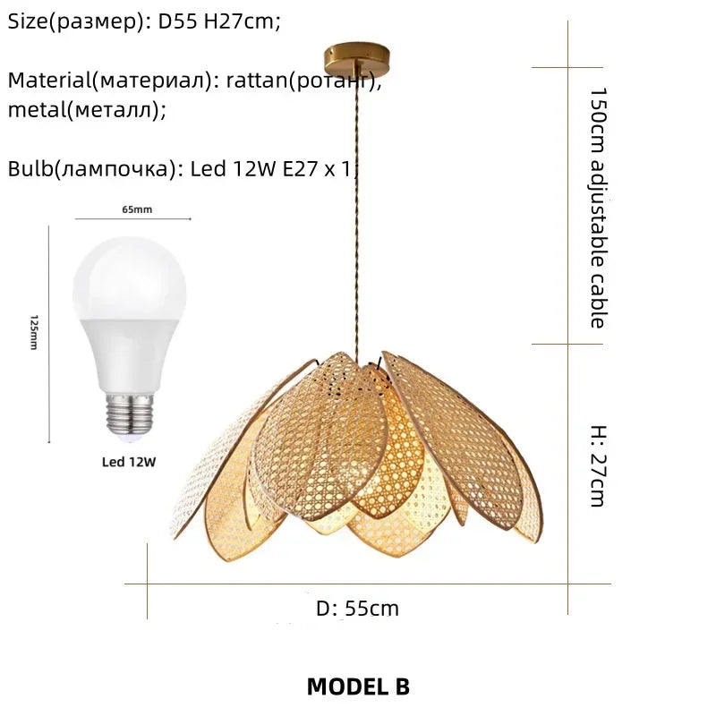 Rattan Petal Chandelier: Modern Nordic Wabi Sabi LED Pendant Light