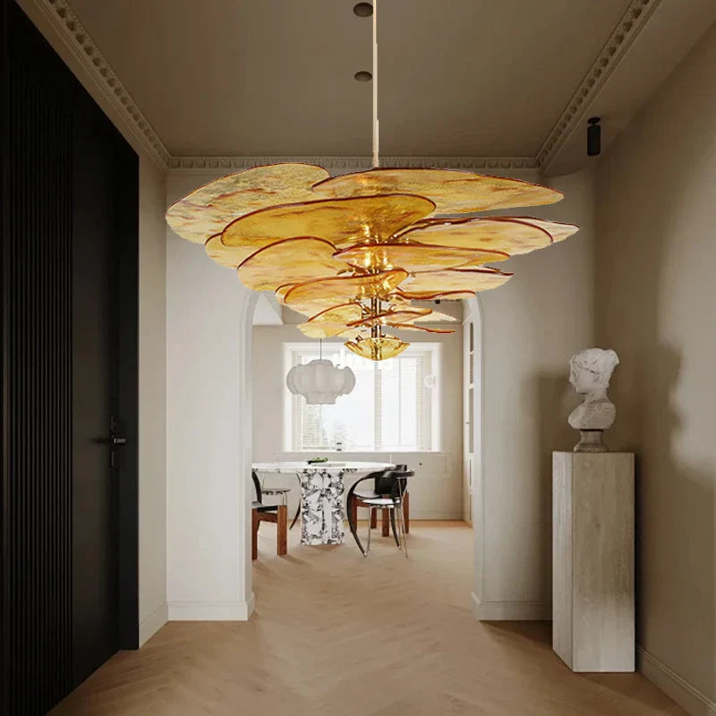 Amber Glass Ceiling Chandelier for Elegant Living Room Decor.
