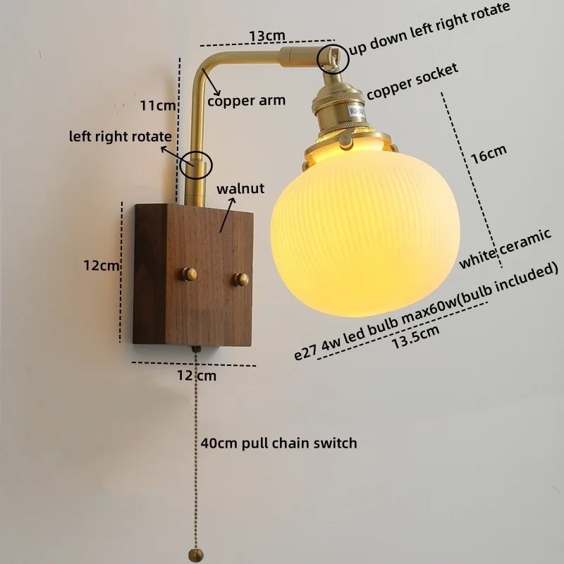 Walnut Ceramic LED Wall Lamp Pull Chain Switch - Modern Bathroom Mirror Light