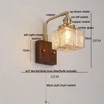 Amber Glass LED Wall Sconce with Walnut Wood, Pull Chain Switch for Living Room
