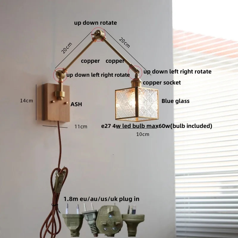Ash Wood LED Swing Arm Wall Light with Pull Chain Switch & Blue Glass