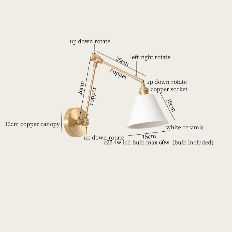 Ceramic LED Wall Lamp, Pull Chain Switch, Nordic Copper, Small Size