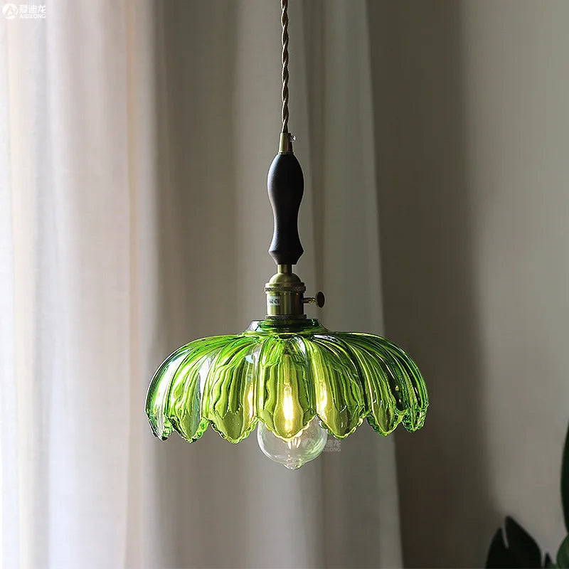 Walnut Wood LED Pendant Light Fixture Glass Hanging Lamp