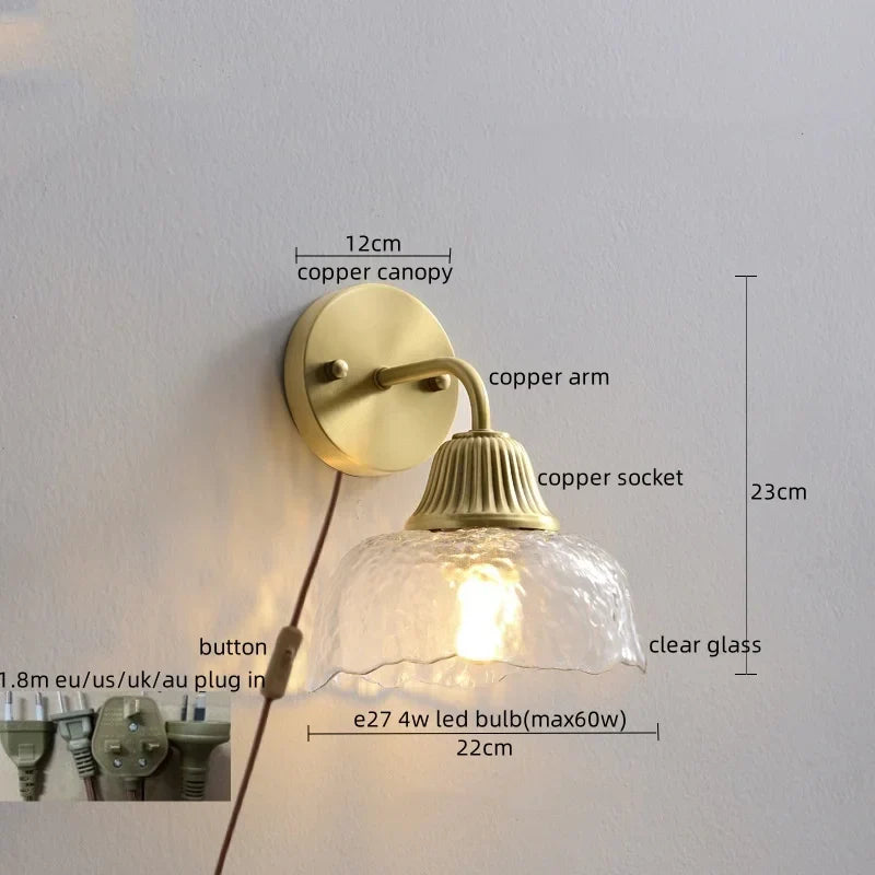 Copper Glass LED Wall Lamp Japanese Style Home Decor Fixture