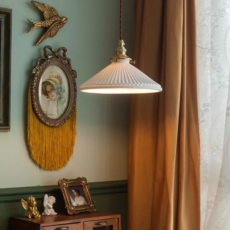 Ceramic LED Pendant Light: Modern Brass Hanging Lamp for Home Decor