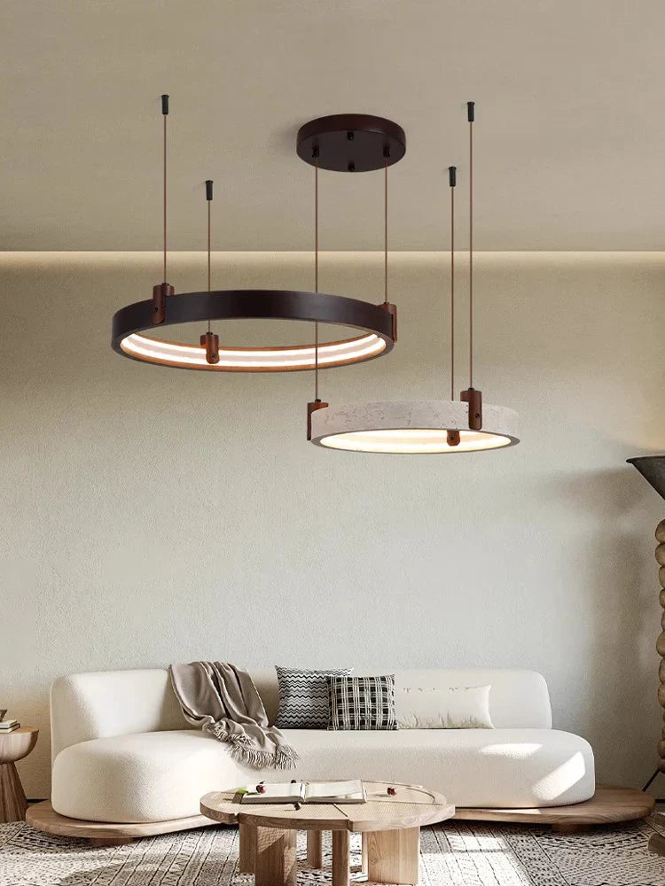 Natural Stone Wood Ring LED Chandelier for Dining & Living Room