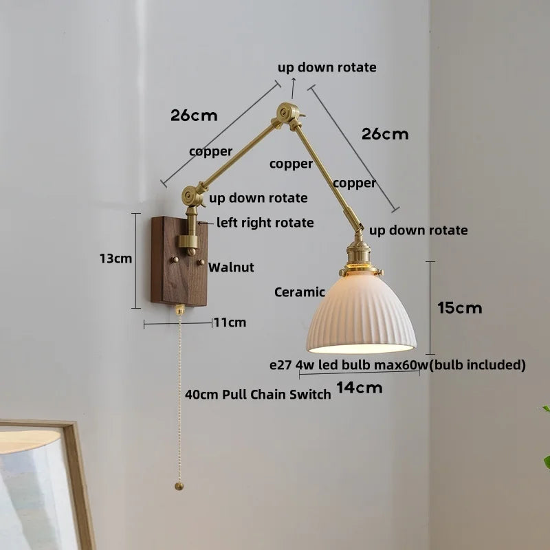 Walnut Wood LED Wall Light with Pull Chain Switch & Rotatable Amber Glass