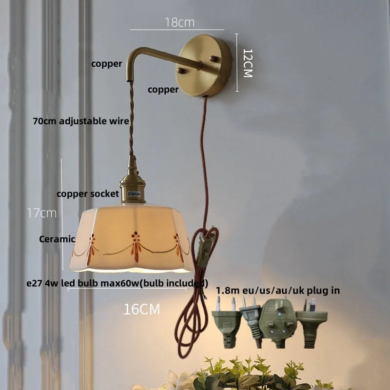 Ceramic Brass LED Wall Light Fixture Pull Chain Switch Bedside Sconce