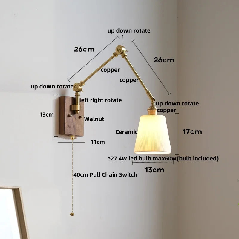 Walnut Wood LED Wall Lights Modern Bedside Sconce Rotate Up Down Left Right
