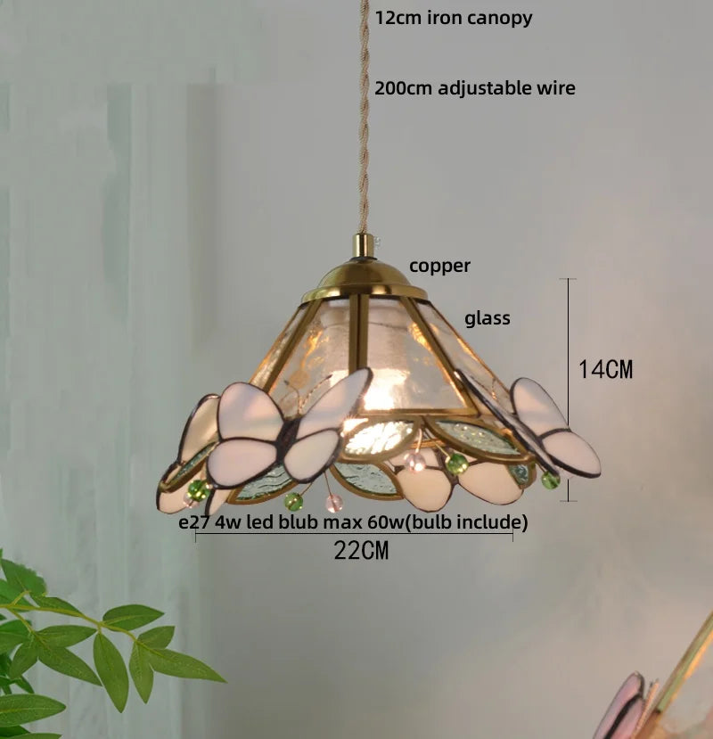 Pink Butterfly LED Pendant Light Fixture Tiffany Glass Wood Ball Hang Lamp