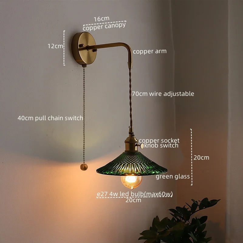 Copper Glass Pull Chain LED Wall Sconce for Indoor Living Room Stairway Lighting