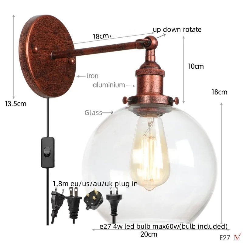 Afralia™ Glass Globe LED Wall Light Fixture Single Arm Bedside Lamp Vintage Industrial Style