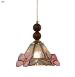 Pink Butterfly LED Pendant Light Fixture Tiffany Glass Wood Ball Hang Lamp