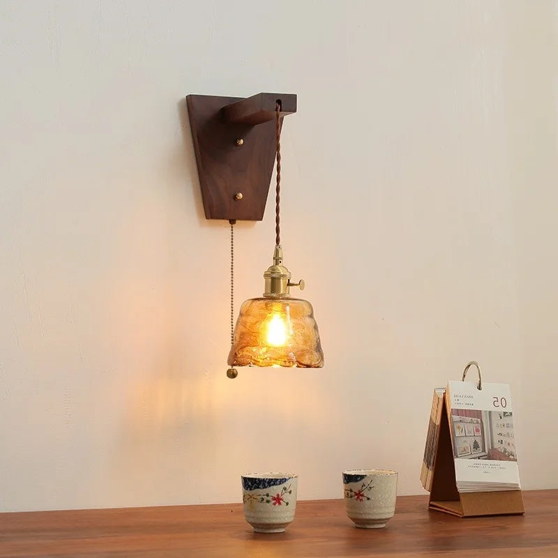 Walnut Copper LED Wall Lamp Sconce with Pull Chain Switch, Nordic Stair Light Fixtures