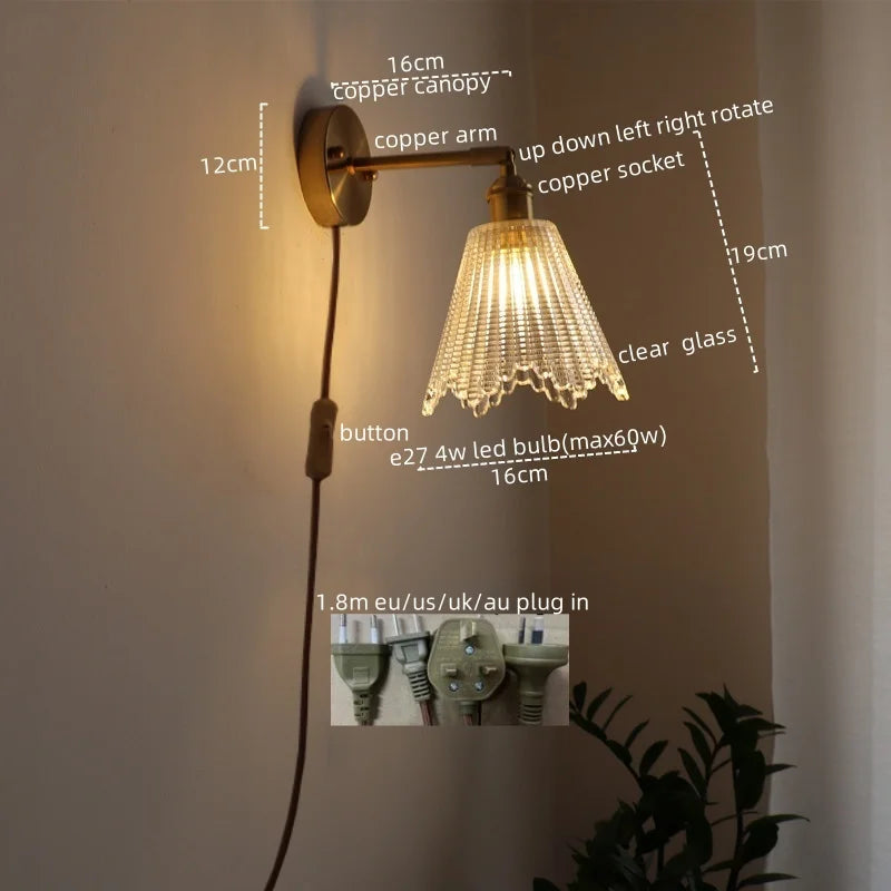 Vintage LED Wall Light Glass Copper Applique Da Parete