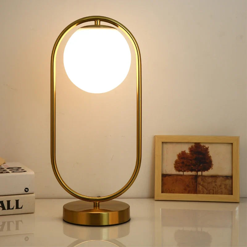 LED Brass Glass Table Lamp for Bedside Reading Desk - Modern Round Ring Design