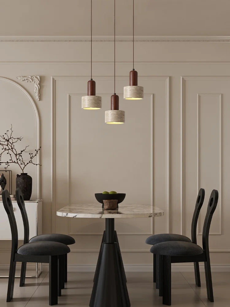 Wood Stone LED Pendant Light Yellow Travertine Modern Luminaria