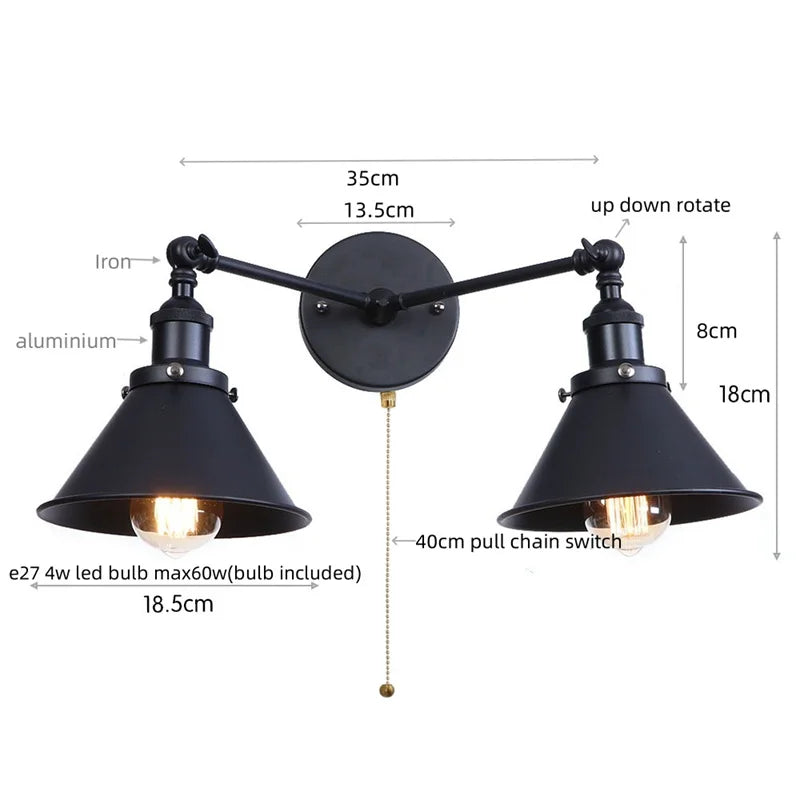 Afralia™ Industrial Vintage LED Wall Light Iron Gold 2 Heads Simple Lamparas De Pared.