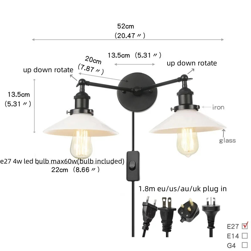 Industrial LED Wall Light Fixture with Pull Chain Switch, 2 Heads Bedside Lamp