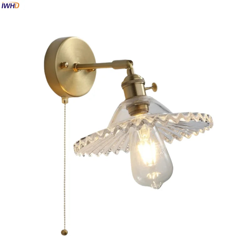 Clear Brass Glass LED Wall Lamp Pull Chain for Living Room Bedroom Loft