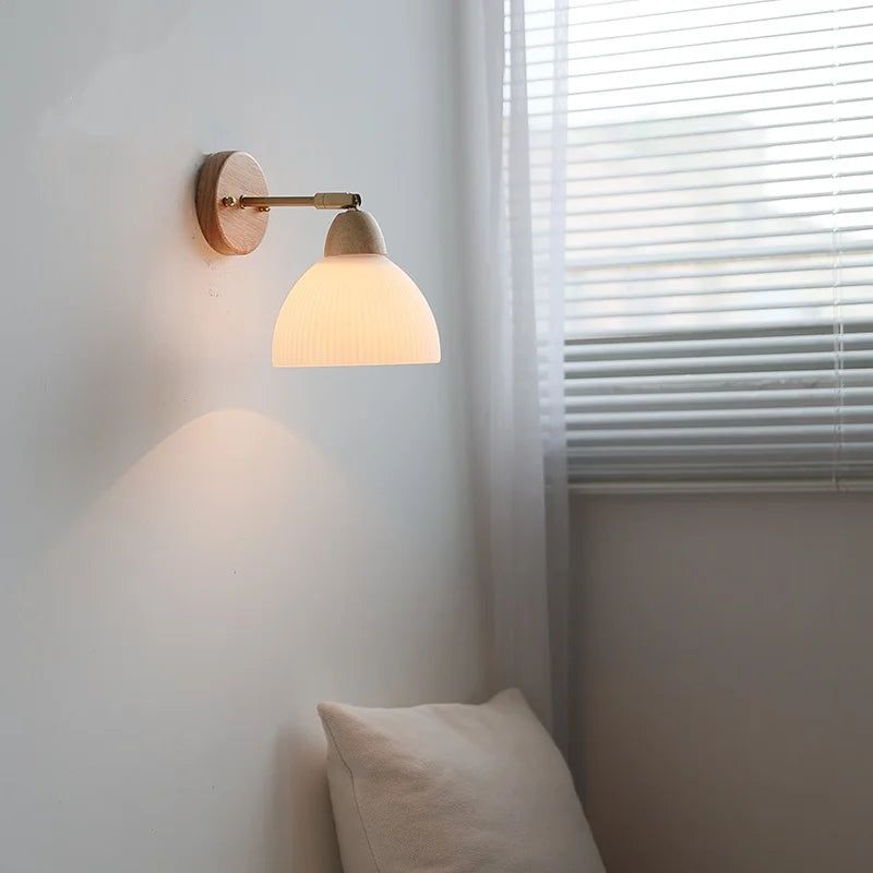 Copper Rotate LED Wall Lights with White Glass & Wood - Modern Nordic Design