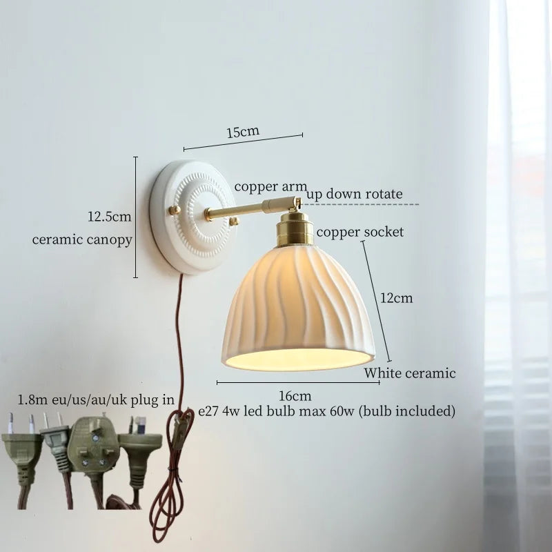 Ceramic Wall Sconce with Copper Arm | Pull Chain Switch LED Bedroom Lamp