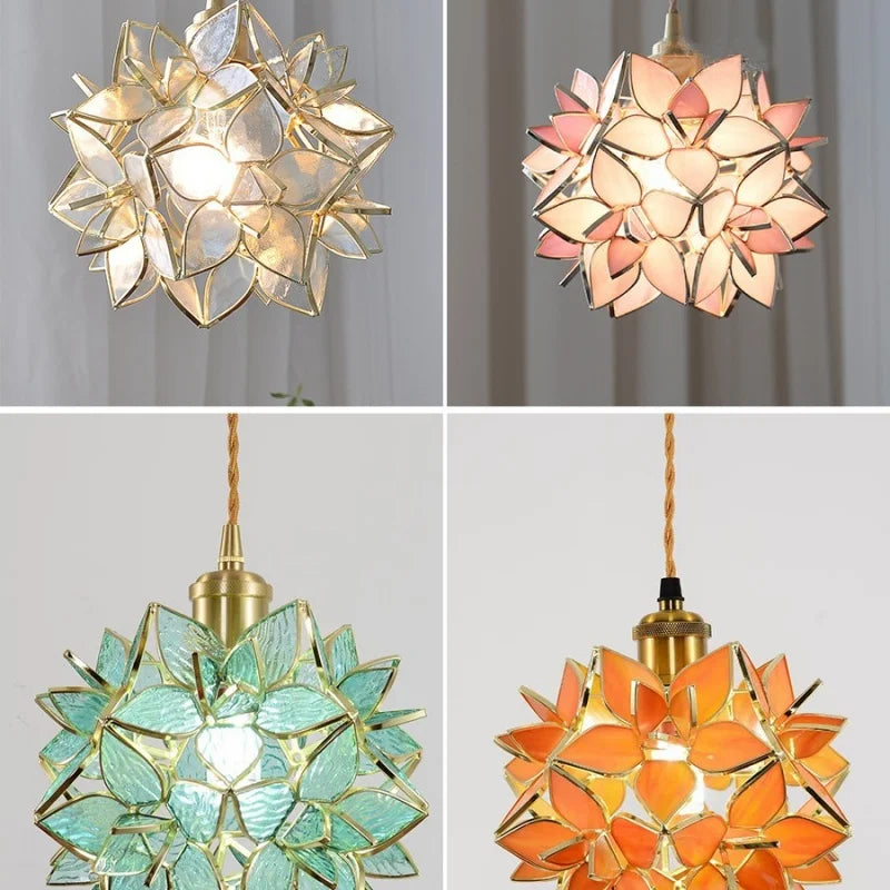 Flower Glass Pendant Lamp E27 Copper Hanging Light - Adjustable 200cm Wire