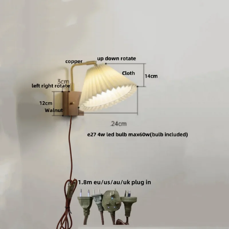 Wood LED Wall Light Up Down Rotate Copper Bedside Lamp