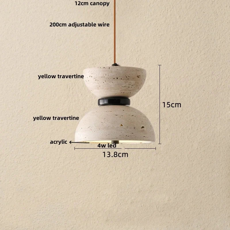 Yellow Travertine Stone Pendant Lamp for Bedroom Balcony Cafe, 2m Wire, Nordic Modern Style