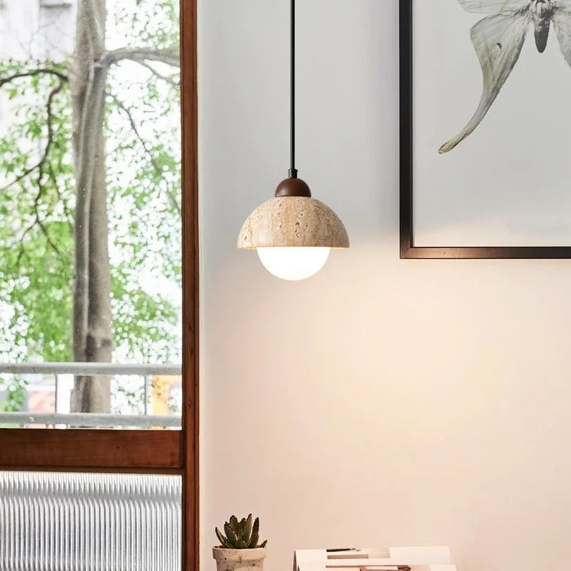 Afralia™ Yellow Travertine LED Pendant Light - Japanese Style Vintage Hanging Lamp