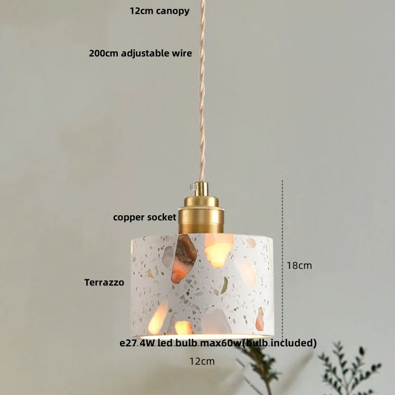 Afralia™ Terrazzo Stone LED Pendant Light - Brown Wood Wabi Sabi Decor