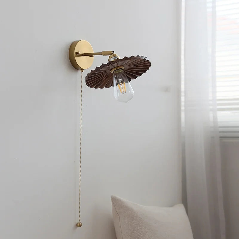 Nordic LED Wall Light Walnut Wood Copper Sconce with Pull Chain Switch