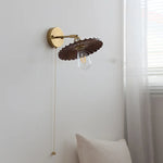 Nordic LED Wall Light Walnut Wood Copper Sconce with Pull Chain Switch