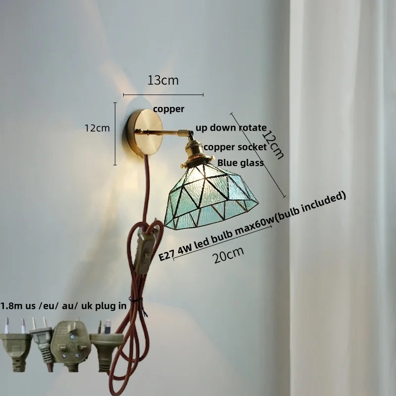 Tiffany Blue Glass LED Wall Sconce Rotate Copper Pull Chain Switch Light Fixtures