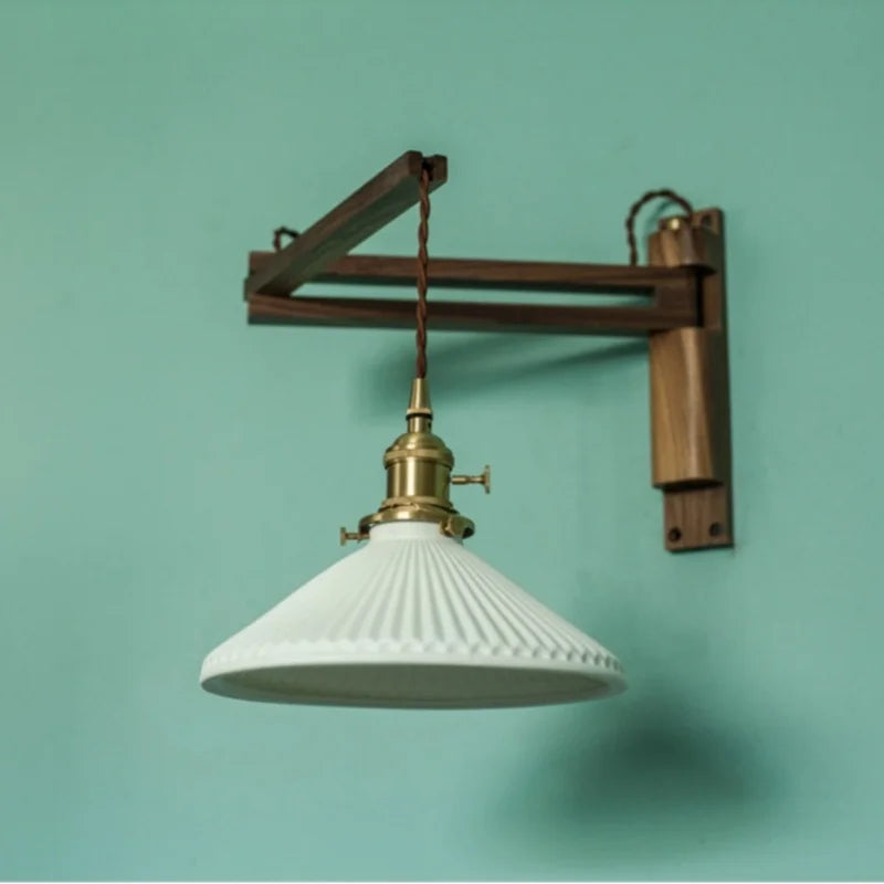 Afralia™ Nordic Ceramic LED Wall Light - Stretchable Folding Walnut Wood Loft Bedside Lamp