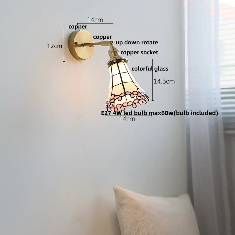 Glass LED Wall Light Tiffany Style Sconce, Pull Chain Switch, Colorful Design