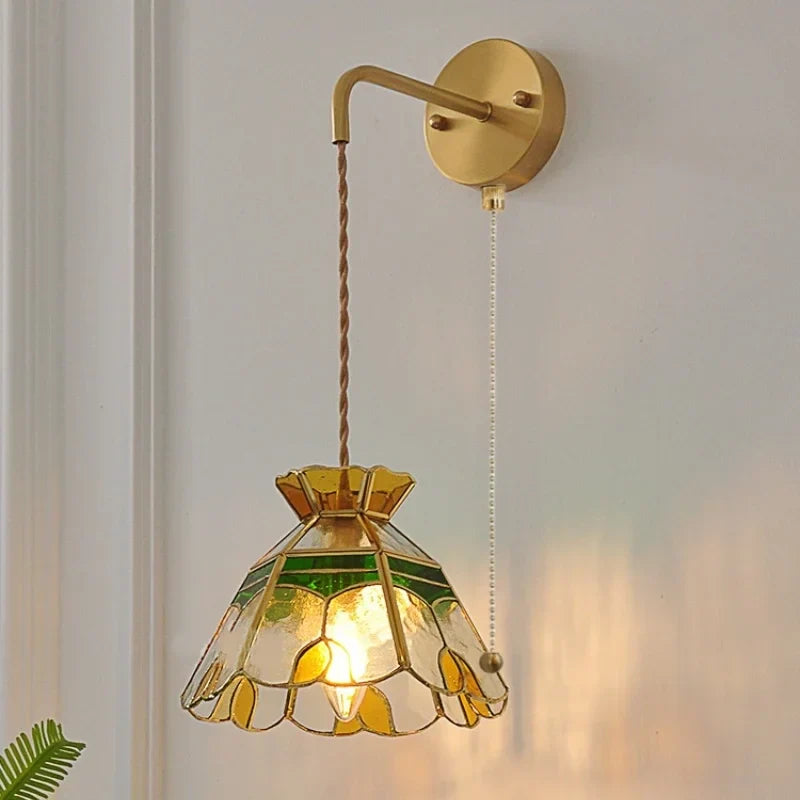 Glass Wall Lamp with Pull Chain Switch and Adjustable LED Light