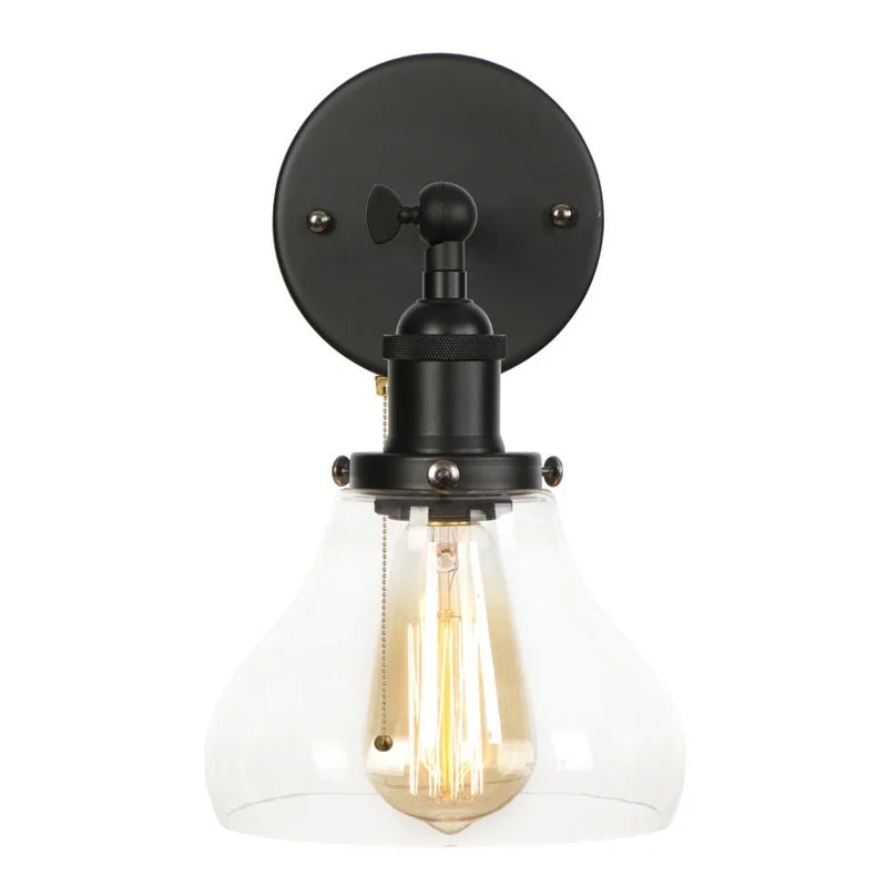 Black Iron LED Wall Lights Industrial Pull Chain Switch Bedroom Dining Room Loft